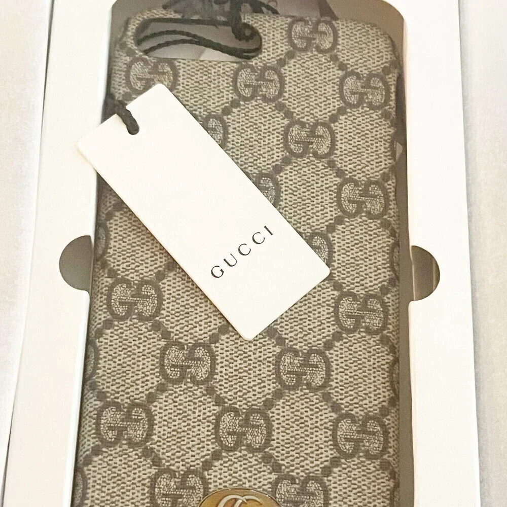 GUCCI Ophidia iPhone 8 Plus Case Beige GG Supreme Canvas Gold-Tone Hardware NWT